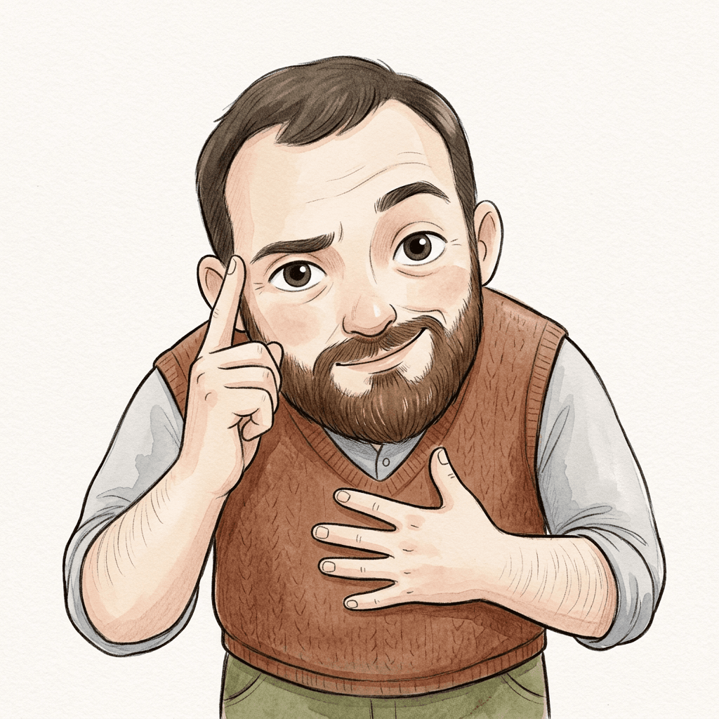 Petr se šibalským úsměvem klepe ukazovákem na spánek, druhou ruku má položenou na hrudi.