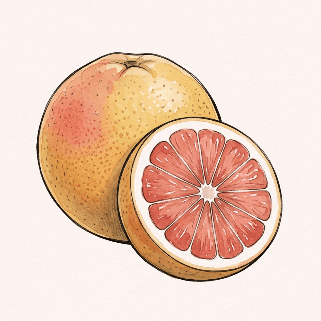 Celý žlutý grapefruit s růžovým nádechem a před ním půlka se širokou bílou kůrou a růžovočervenými dílky.