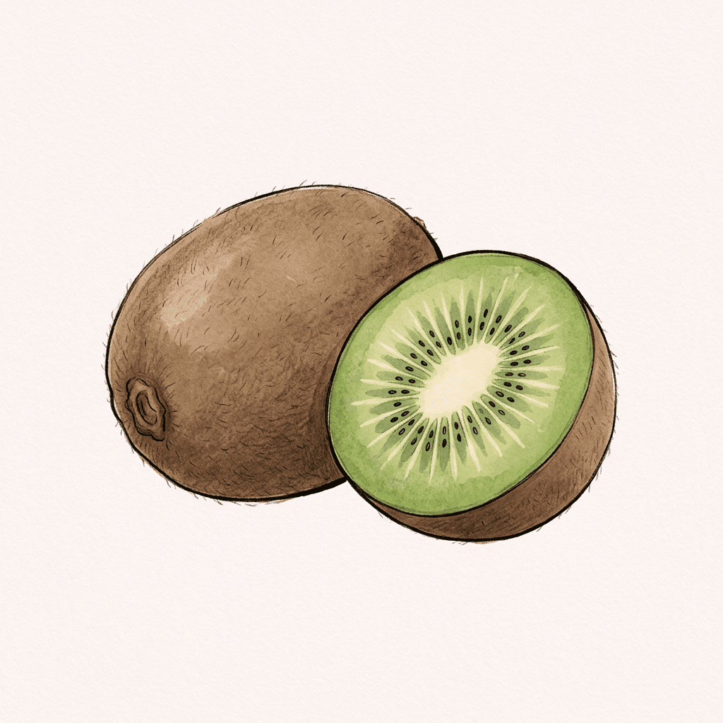 Celé hnědé chlupaté kiwi a vedle půlka se zelenou dužinou, světlým středem a drobnými černými semínky.