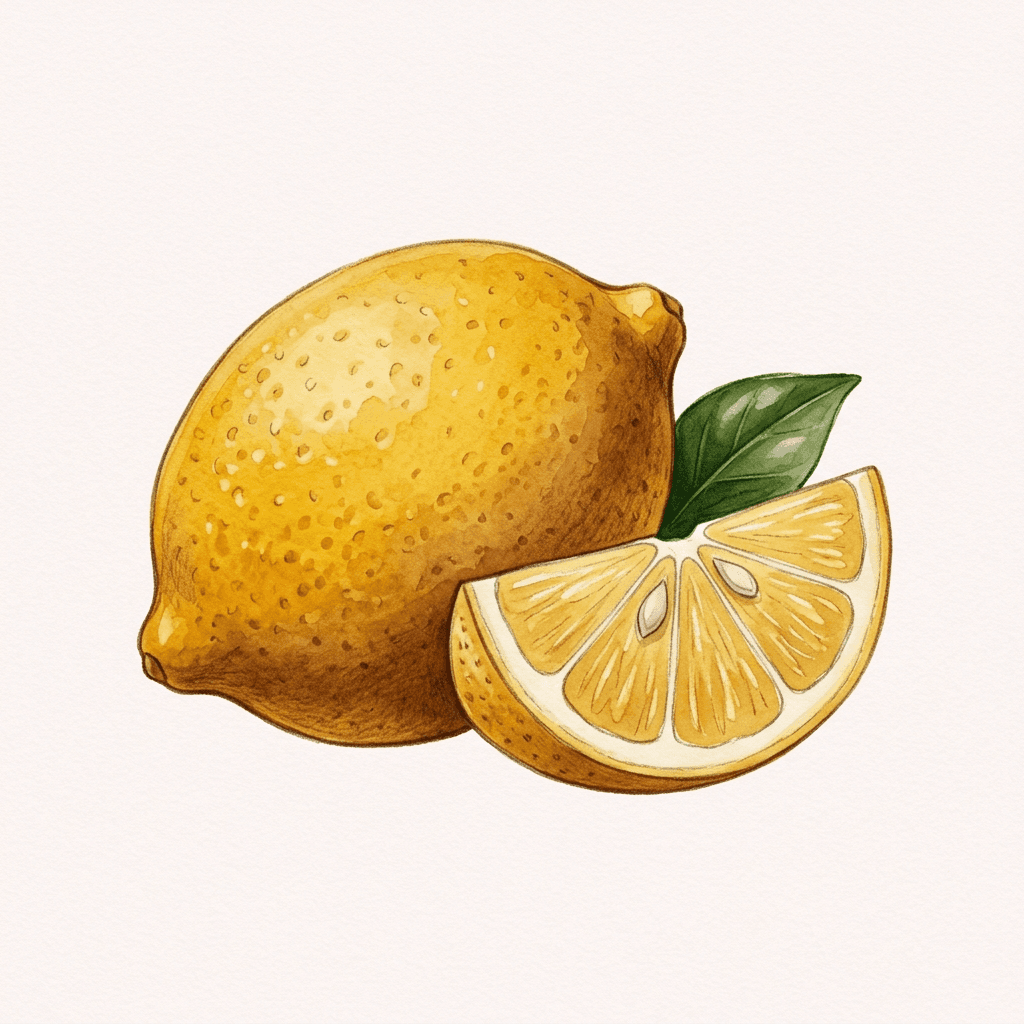 Celý žlutý citron s dolíčkovanou kůrou, vedle podélný klínek s dužinou a dvěma pecičkami a jeden tmavě zelený list.