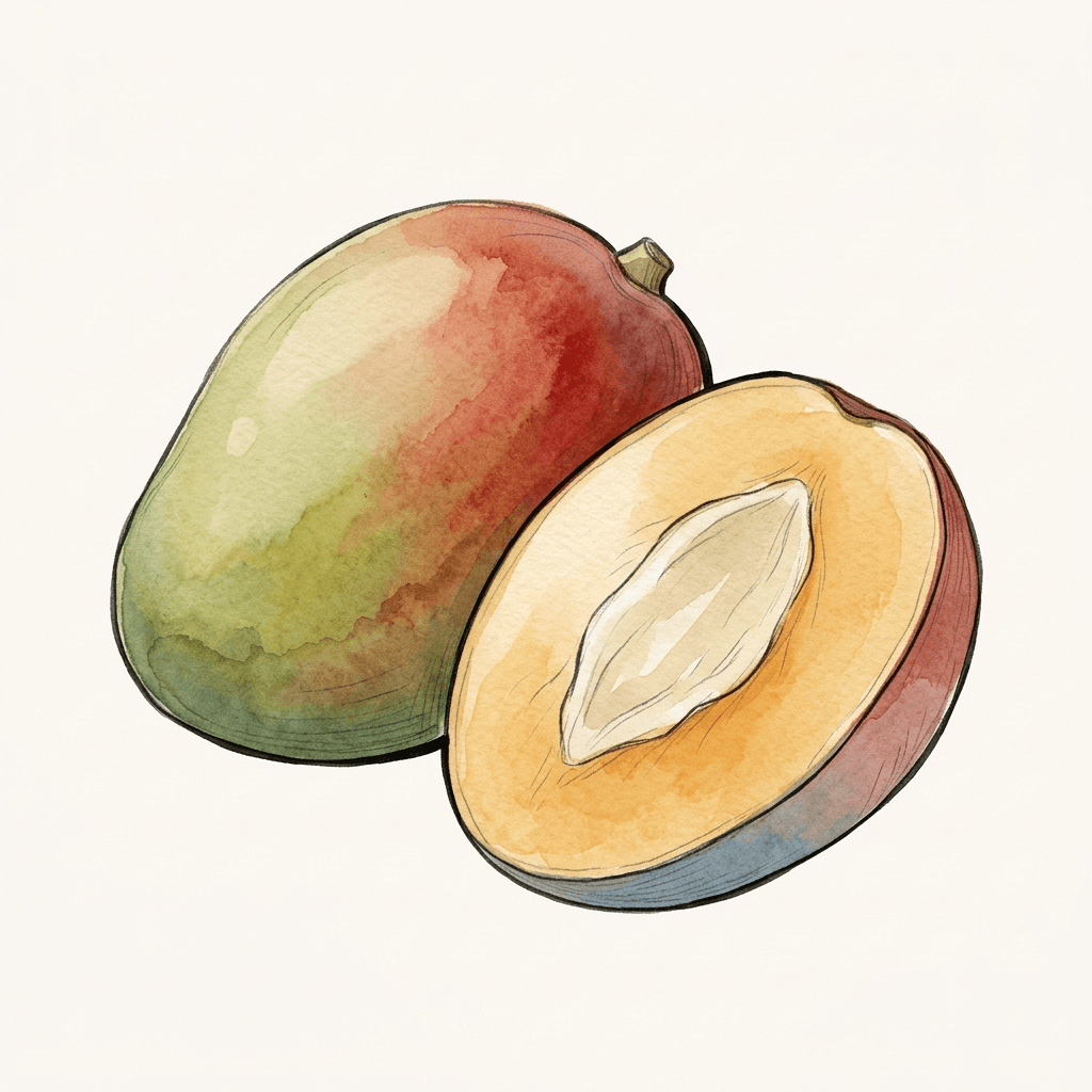 Celé mango se zelenočervenou slupkou a vedle půlka s oranžovou dužinou a velkým světlým plochým jádrem.