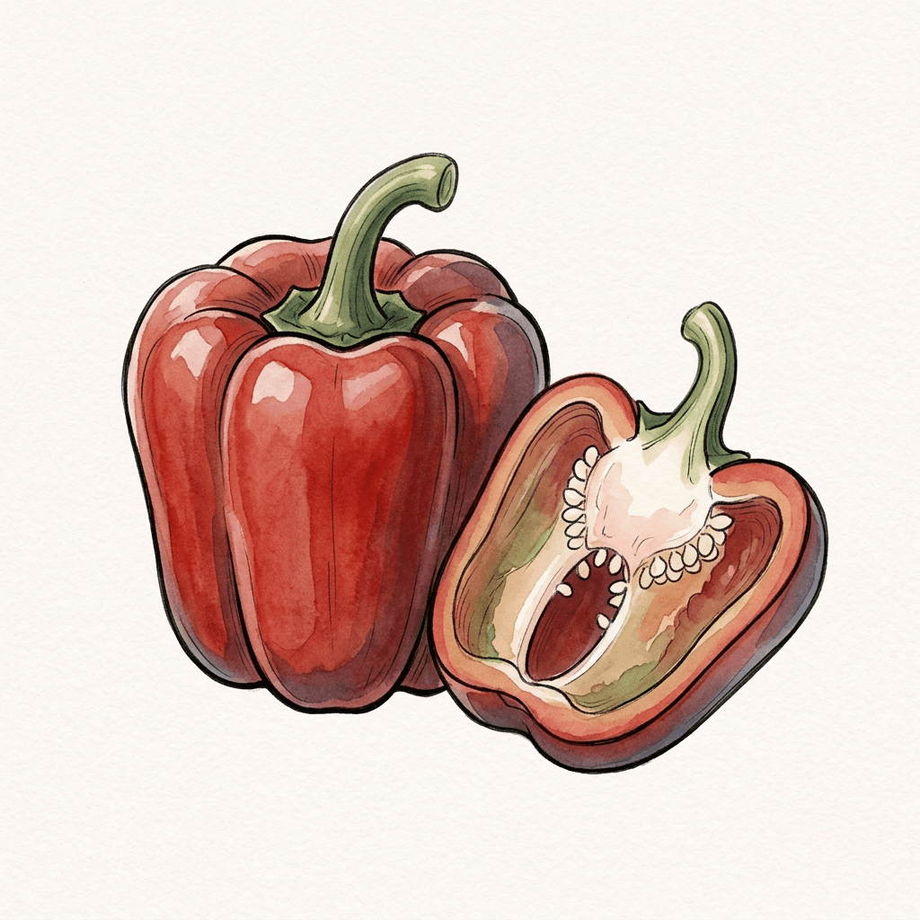 Celá červená paprika se zelenou stopkou a vedle ní rozkrojená půlka, uvnitř jsou vidět bílá plochá semínka.