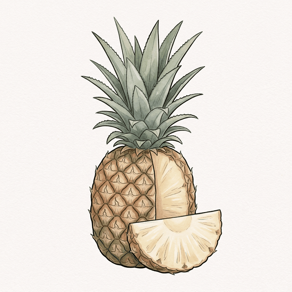 Celý ananas se šupinatou kůrou a chomáčem špičatých listů, z boku vykrojený, a před ním klínek světle žluté dužiny.
