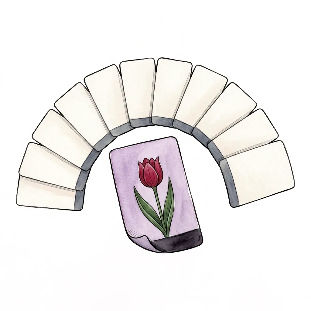 Kartička s tulipánem uprostřed vějíře karet rozložených do oblouku