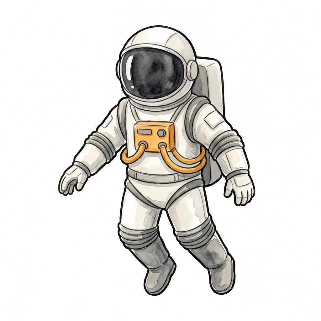 Kosmonaut v bílém skafandru s kulatou přilbou, vznášející se s mírně pokrčeným kolenem.