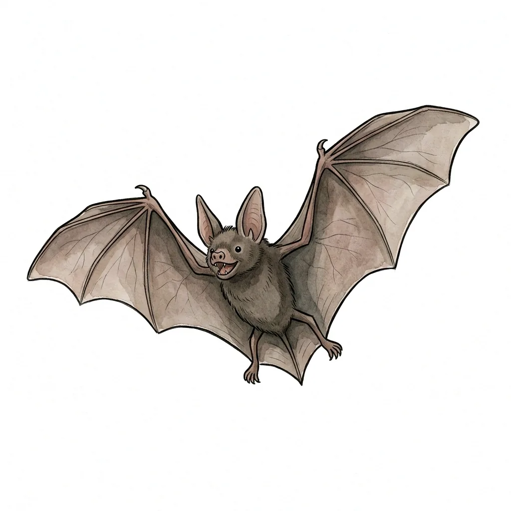 Netopýr s roztaženými blanitými křídly, velkýma ušima a otevřenou tlamičkou.