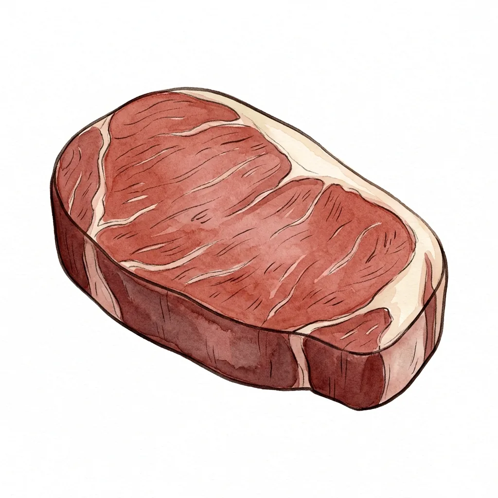 Ilustrace tlustého plátku syrového hovězího masa s viditelnou mramorovanou kresbou a pruhem tuku po okraji.