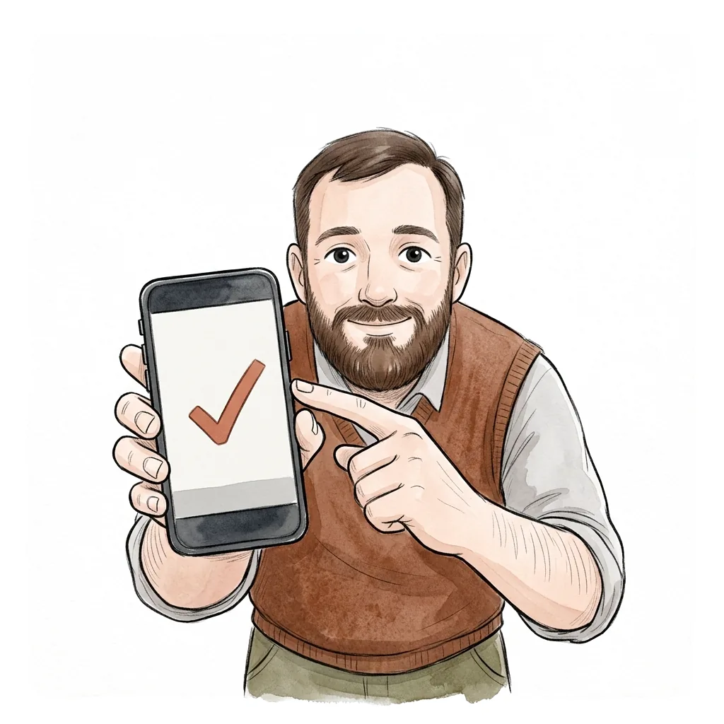 Muž ukazuje na telefon s fajfkou potvrzující rezervaci.