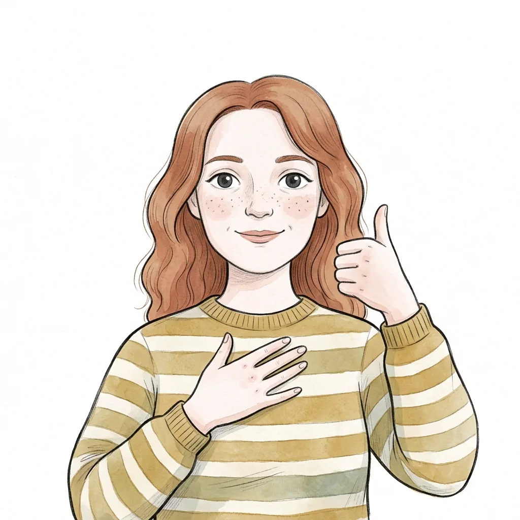 Ela hrdě ukazuje na hruď a zvedá palec