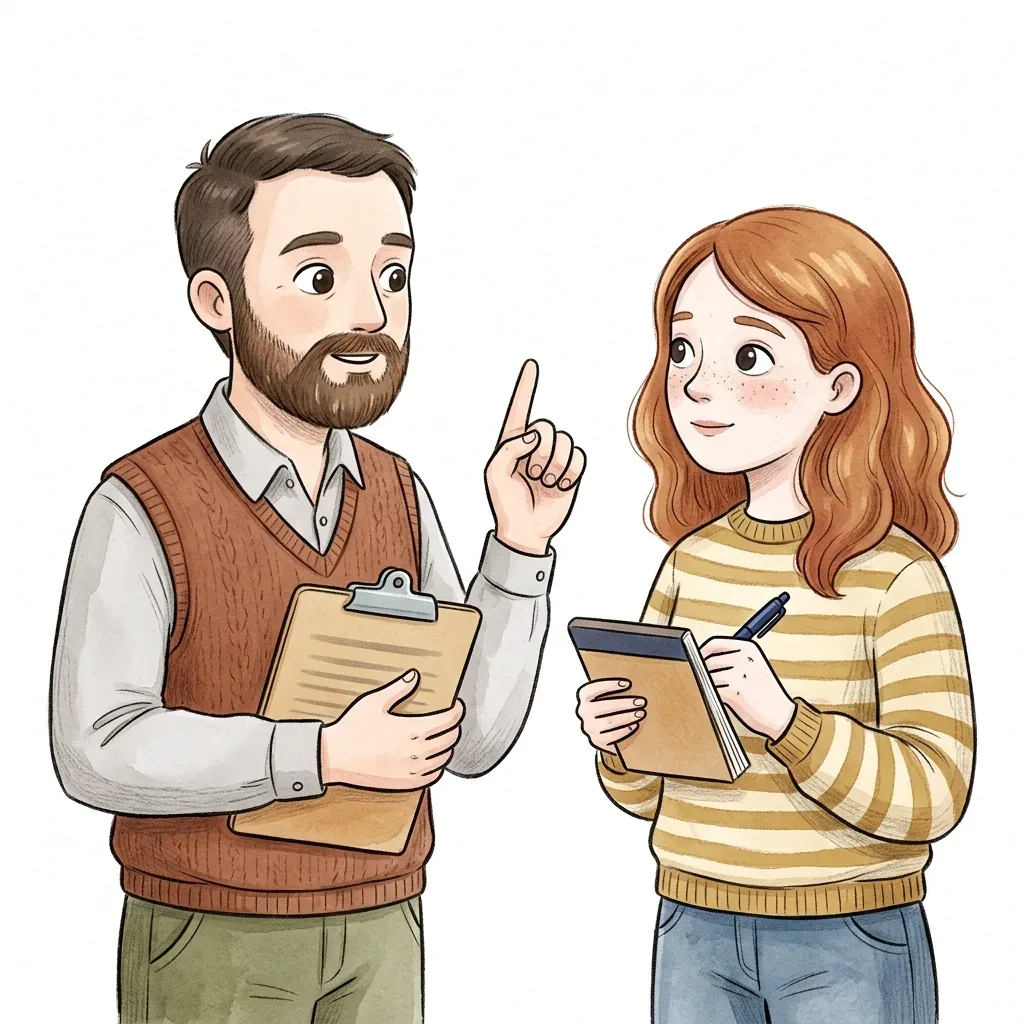 Ilustrace muže s deskami, který ukazuje zvednutým prstem, žena vedle něj drží pero nad blokem.