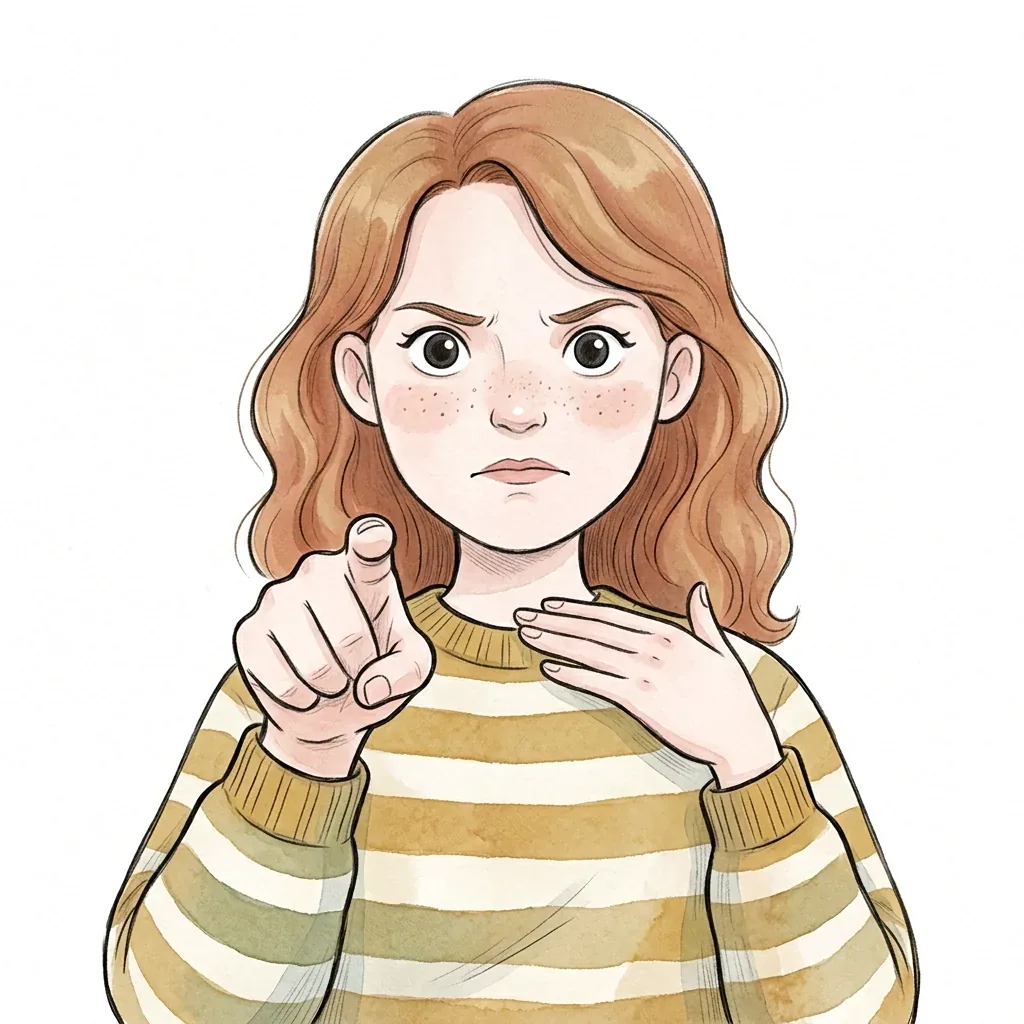 Ilustrace ženy s přísným výrazem, ukazuje prstem a druhou rukou gestikuluje příkaz.