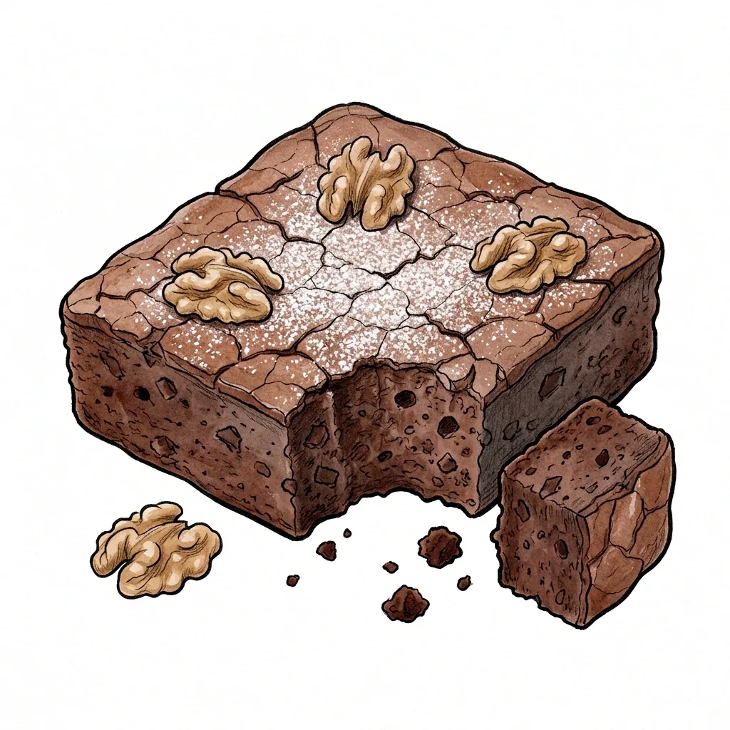Čtvercový brownie s ořechy nahoře, jeden kousek odkrojený a drobky vedle.