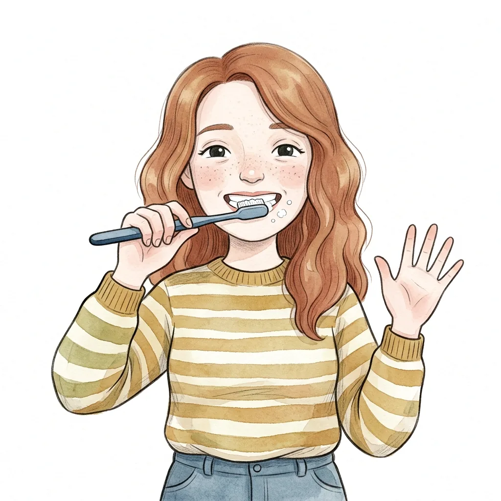 Dívka si čistí zuby kartáčkem, druhou ruku má zvednutou s otevřenou dlaní.