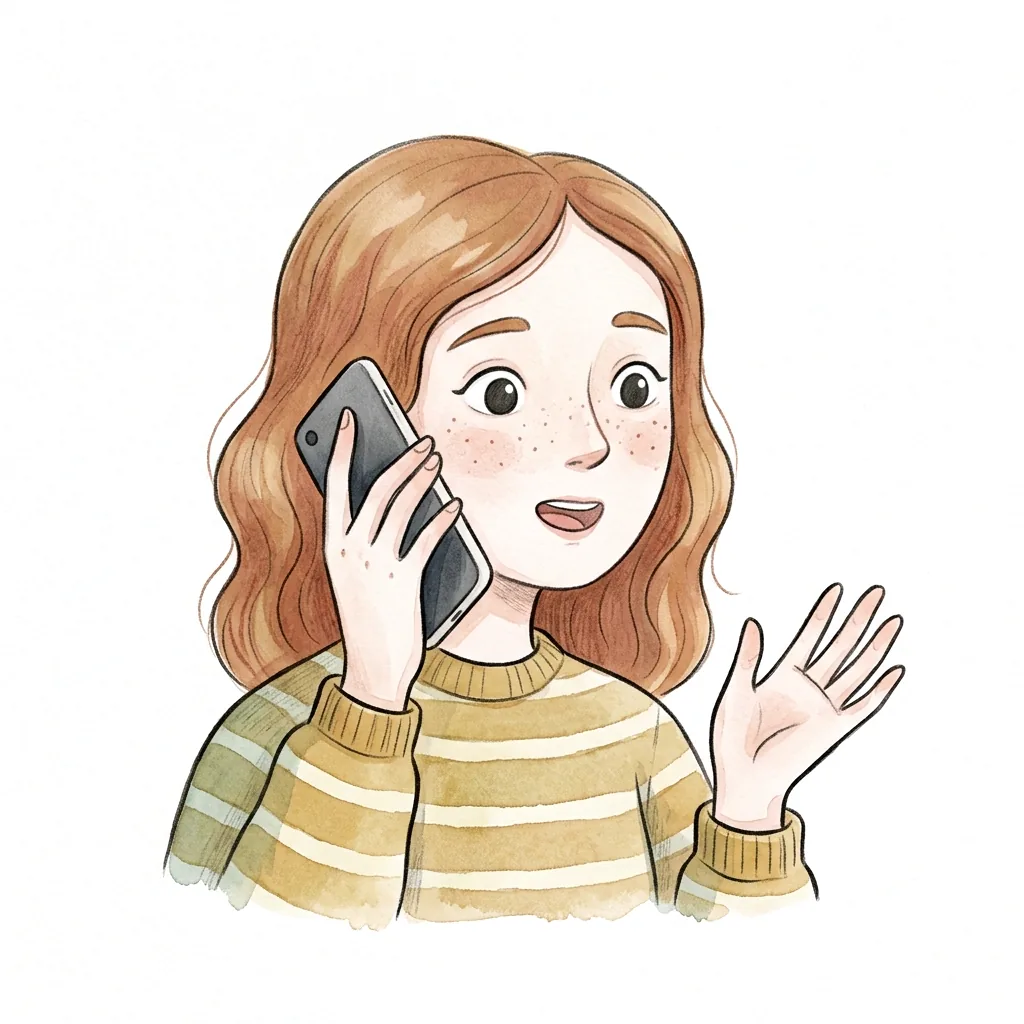 Dívka s telefonem u ucha a druhou rukou zvednutou dlaní vzhůru.