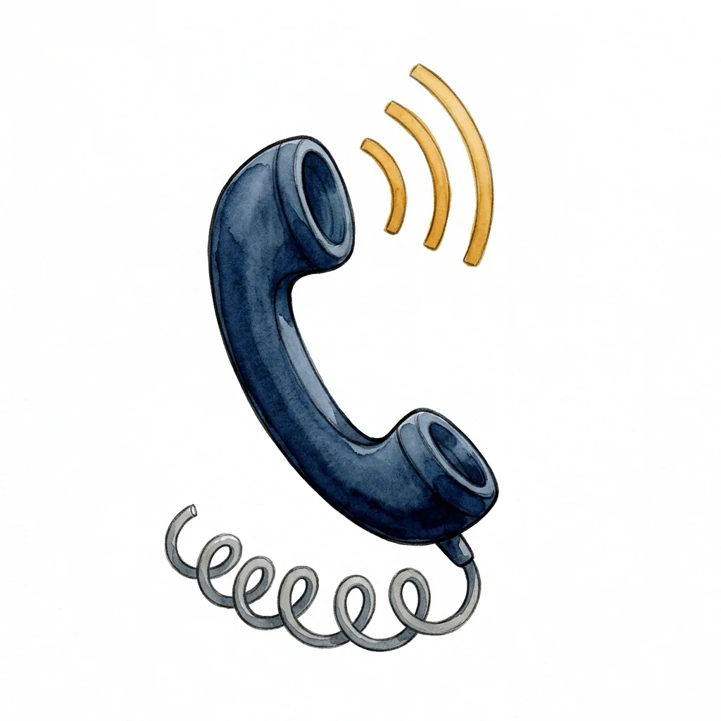 Tmavě modré telefonní sluchátko se stočenou šňůrou, ze kterého vycházejí zvukové vlny.