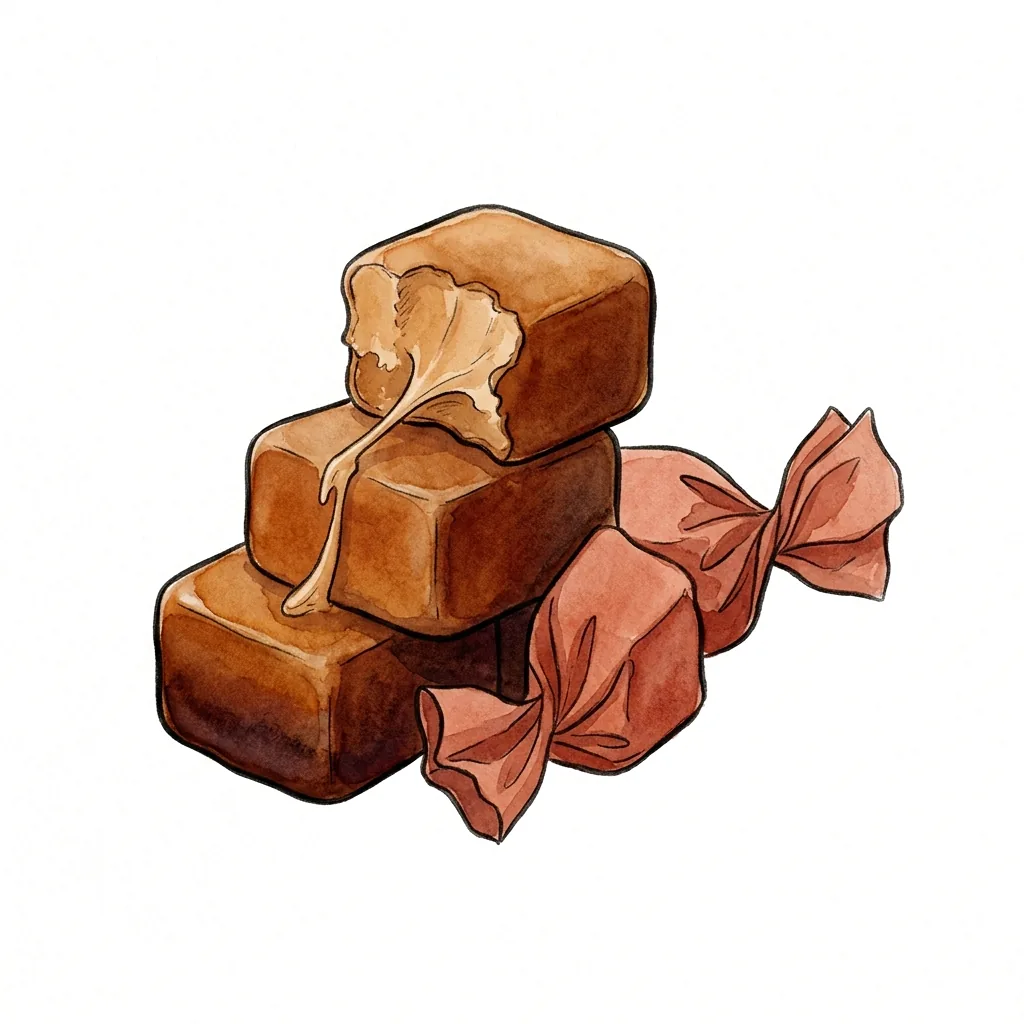 Ilustrace tří navršených hnědých karamelových kostek, horní s ukousnutým rohem a tenkým lepivým vláknem, vedle zavinutý papírový bonbon.