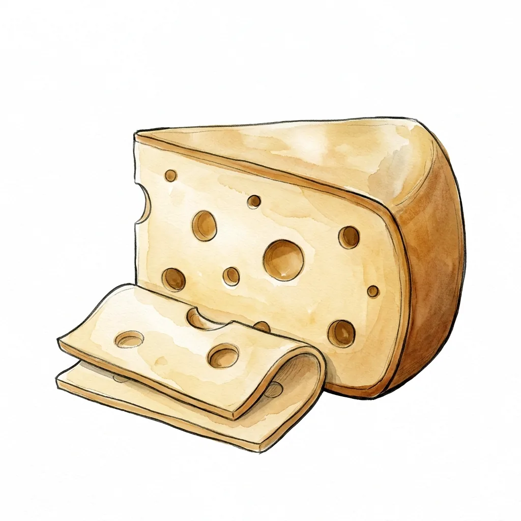 Ilustrace trojúhelníkového klínu sýra s kůrou a kulatými dírkami, před ním leží dva tenké plátky.