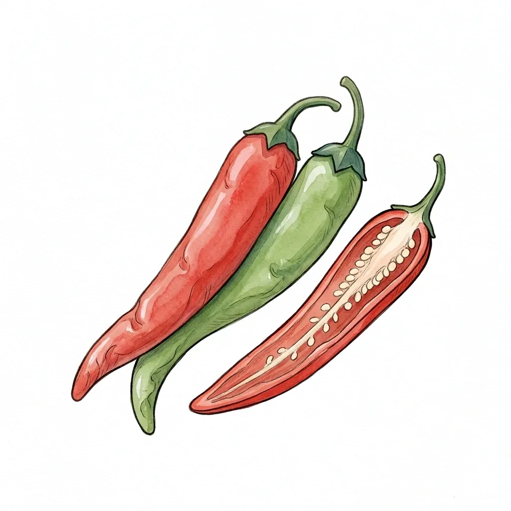 Ilustrace dvou tenkých zahnutých lusků chilli papriček, jednoho červeného a jednoho zeleného, a třetího podélně rozříznutého lusku s drobnými semínky.