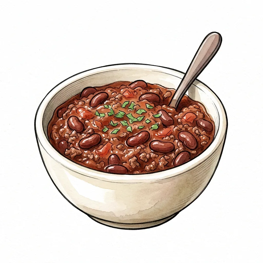 Ilustrace misky s hustým červenohnědým pokrmem z mletého masa a ledvinových fazolí, s lžící a nasekanou zelenou bylinkou navrchu.