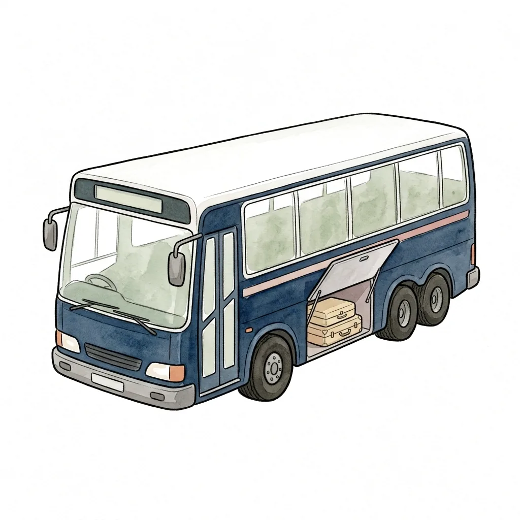 Tmavě modrý zájezdový autobus z předního tříčtvrtečního pohledu, otevřený zavazadlový prostor s kufry pod podlahou.