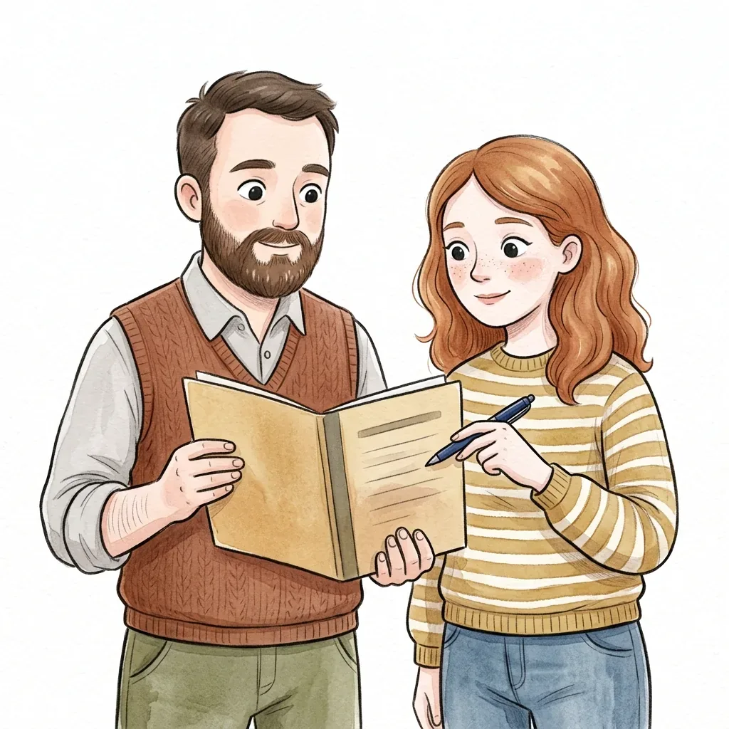 Ilustrace muže a ženy, muž drží otevřenou složku, žena ukazuje perem na řádek.