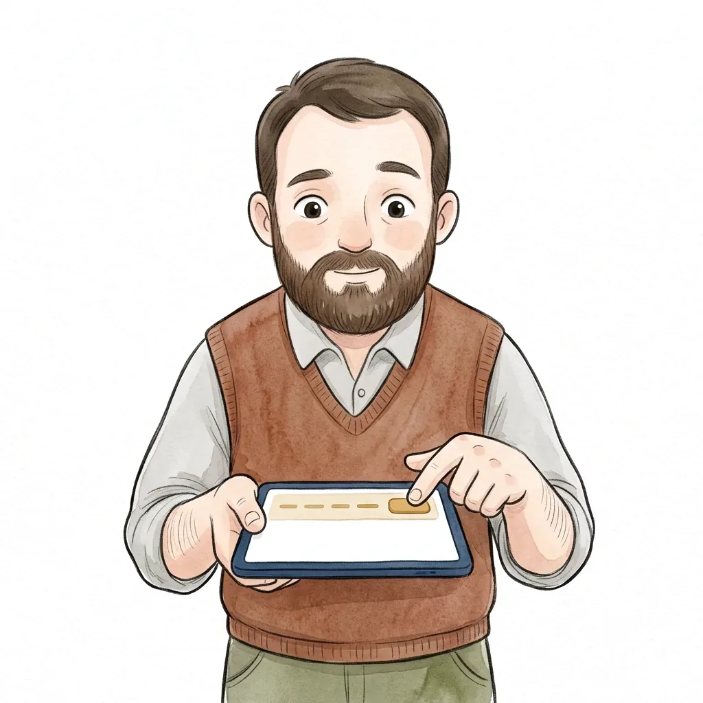 Muž drží tablet, na jehož obrazovce je dole lišta s několika čárkami a tlačítkem, podobně jako lišta pro souhlas s cookies na webu.
