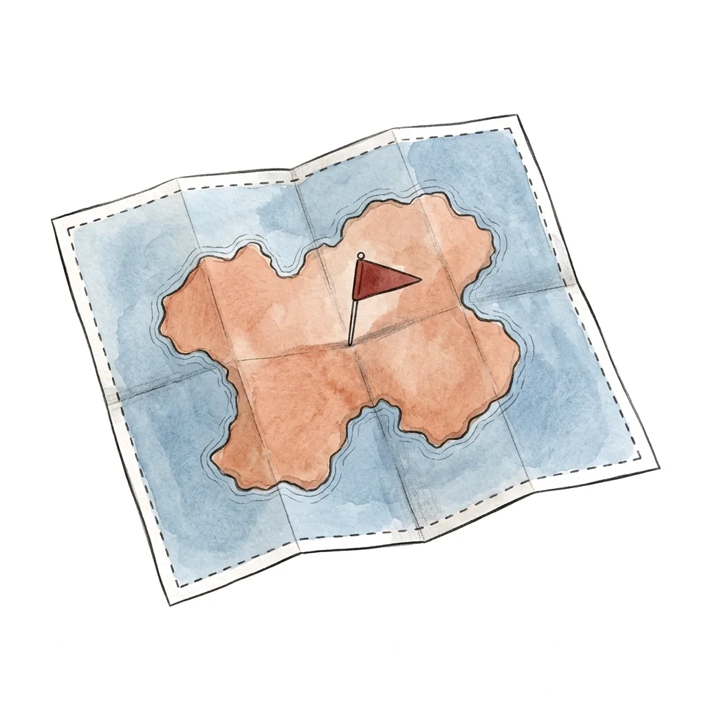 Papírová mapa s vyznačeným ostrovem a praporkem zapíchnutým uprostřed.