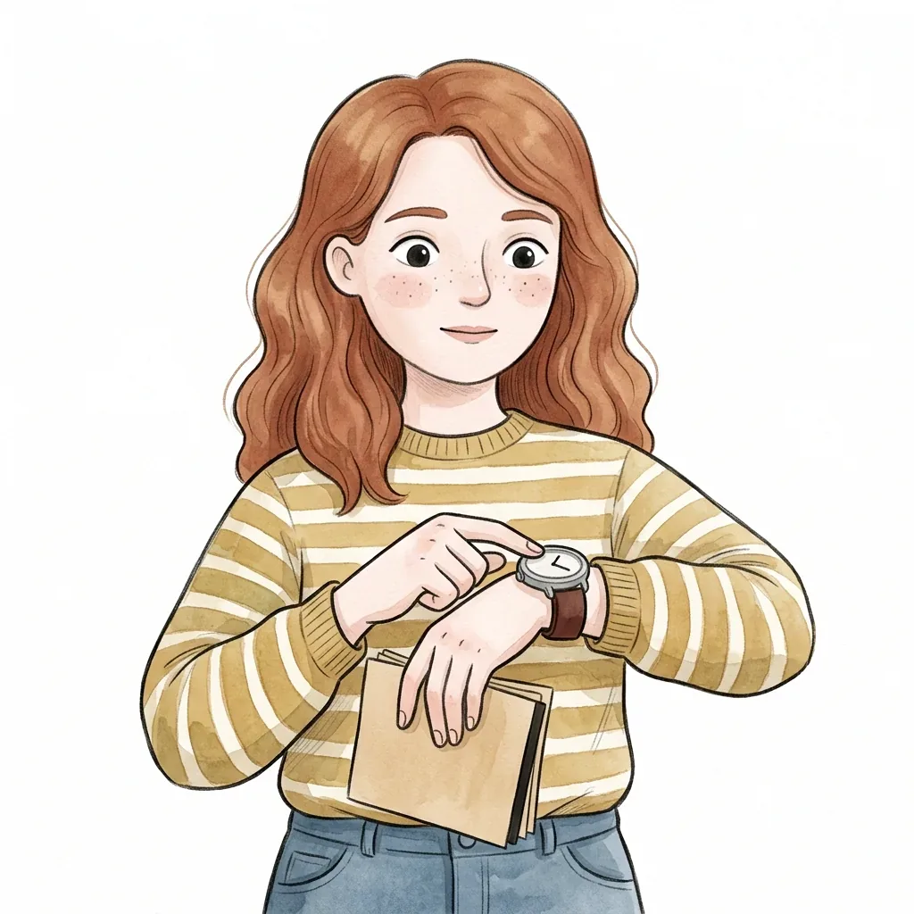 Ilustrace ženy, která si ve spěchu kontroluje náramkové hodinky a drží štos papírů.