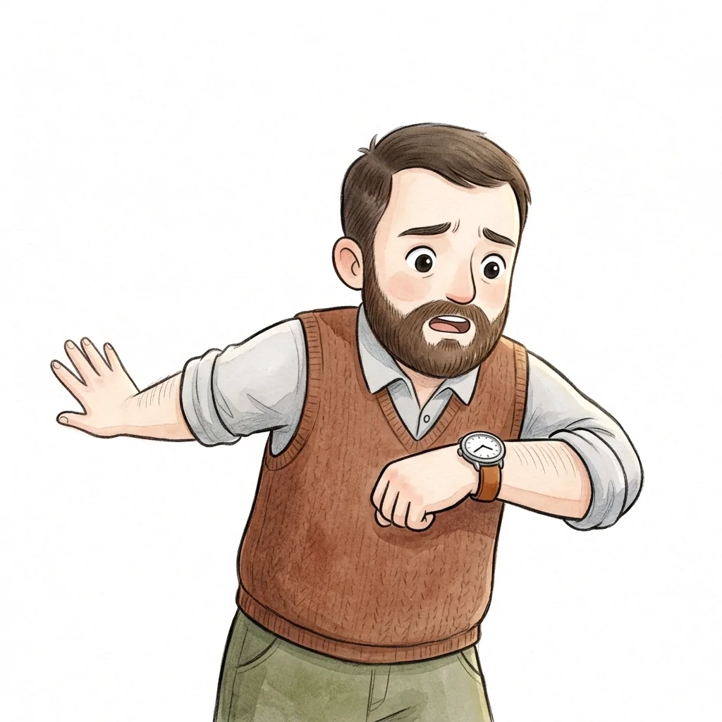 Petr gestikuluje počkej a dívá se na hodinky