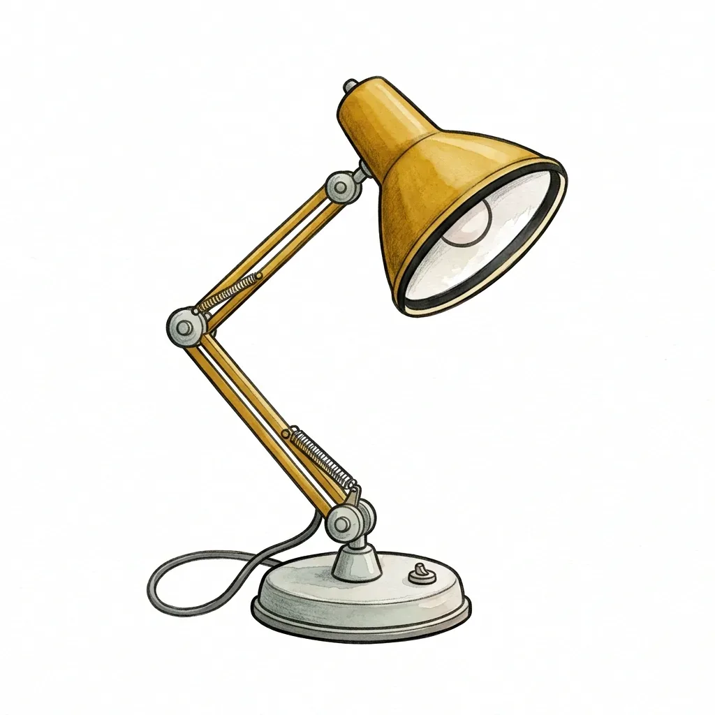 Ilustrace žluté stolní lampy s kloubovým ramenem a nakloněným stínítkem.