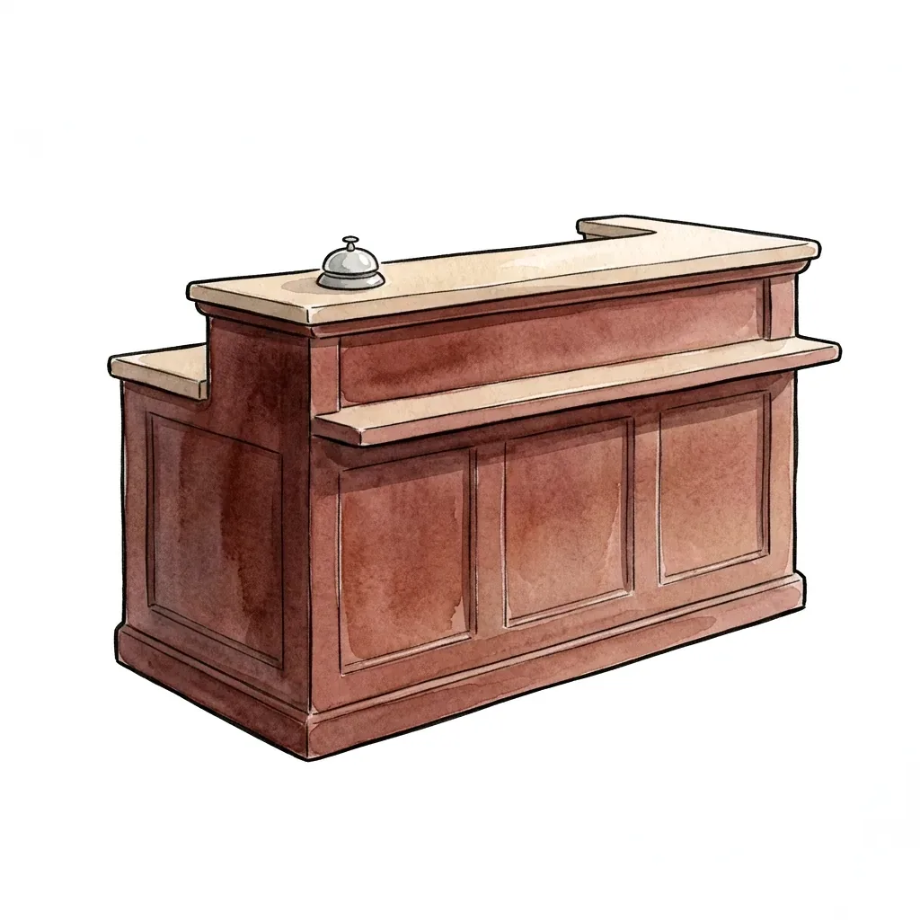 Ilustrace vysokého dřevěného recepčního pultu s kovovým zvonkem nahoře.