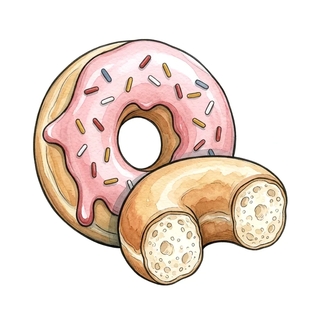 Kulatý donut s růžovou polevou a barevnými posypy, vedle nakousnutý donut.