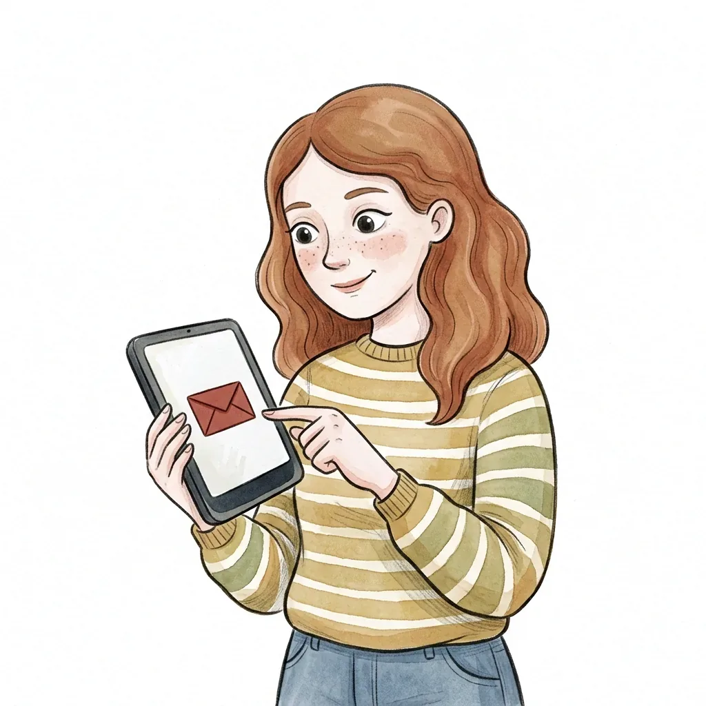 Ilustrace ženy, která ťuká prstem na tablet s ikonou obálky na obrazovce.