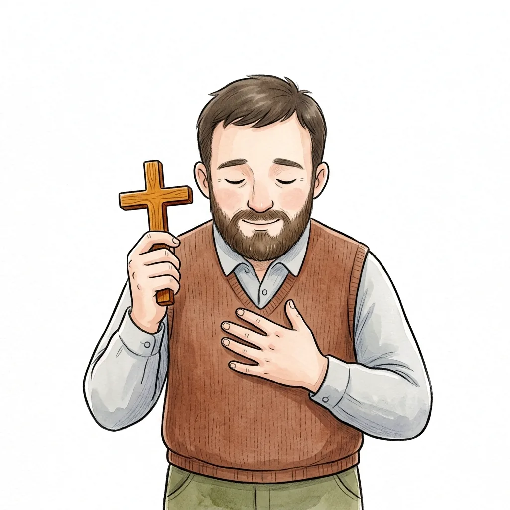 Vousatý muž se zavřenýma očima a klidným úsměvem drží dřevěný křížek, druhou ruku má položenou na srdci.