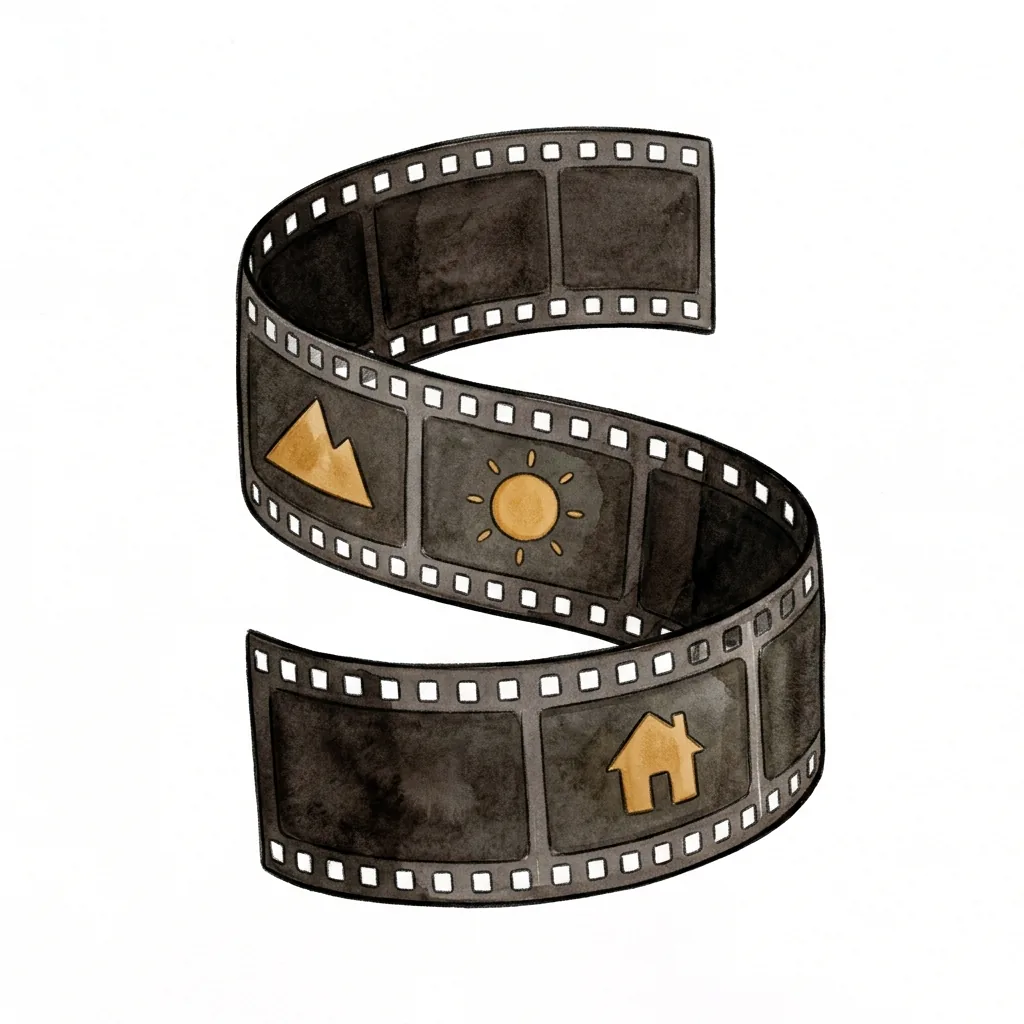 Stočený tmavý filmový pás s děrováním po obou okrajích a třemi políčky se symboly hory, slunce a domu.