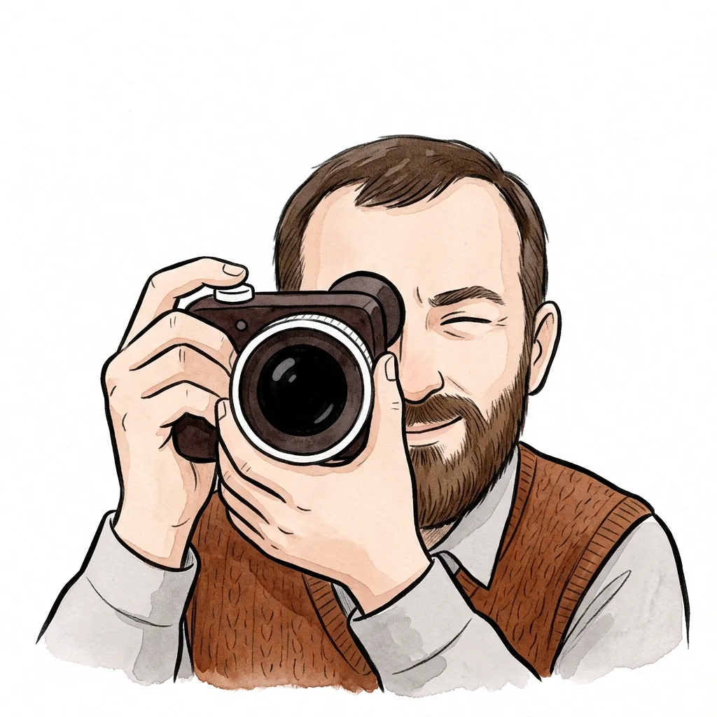 Muž s plnovousem drží u oka malou video kameru, jedno oko schované za hledáčkem.