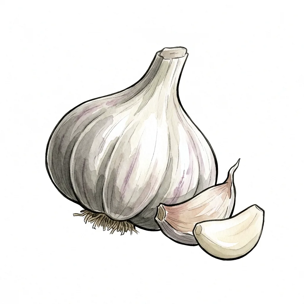 Celá palice česneku s papírovou slupkou a suchými kořínky, vedle ní dva stroužky, jeden oloupaný.