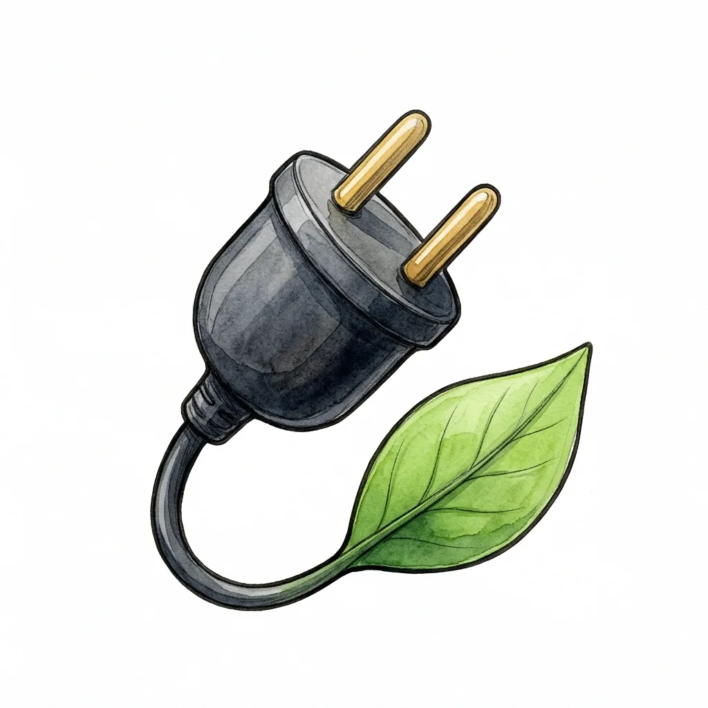 Elektrická zástrčka, jejíž kabel místo do zásuvky přechází v zelený list.