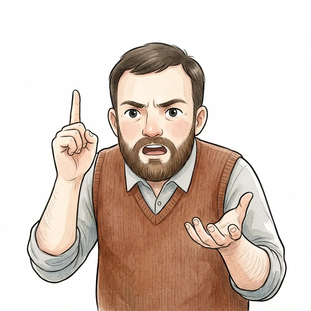 Petr přísně zvedá prst a gestikuluje druhou rukou