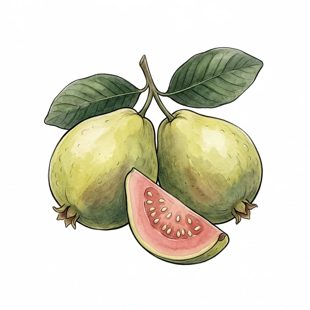 Ilustrace dvou kulatých guav na větvičce s listy a odkrojeného klínu ukazujícího růžovou dužinu se semínky.