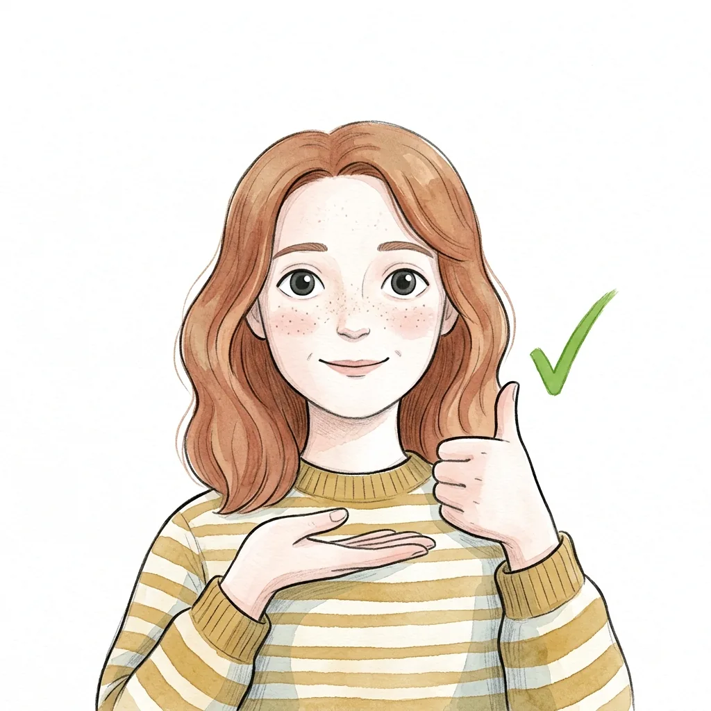 Dívka spokojeně přikyvuje, jednou rukou ukazuje palec nahoru, vedle něj zelená fajfka.