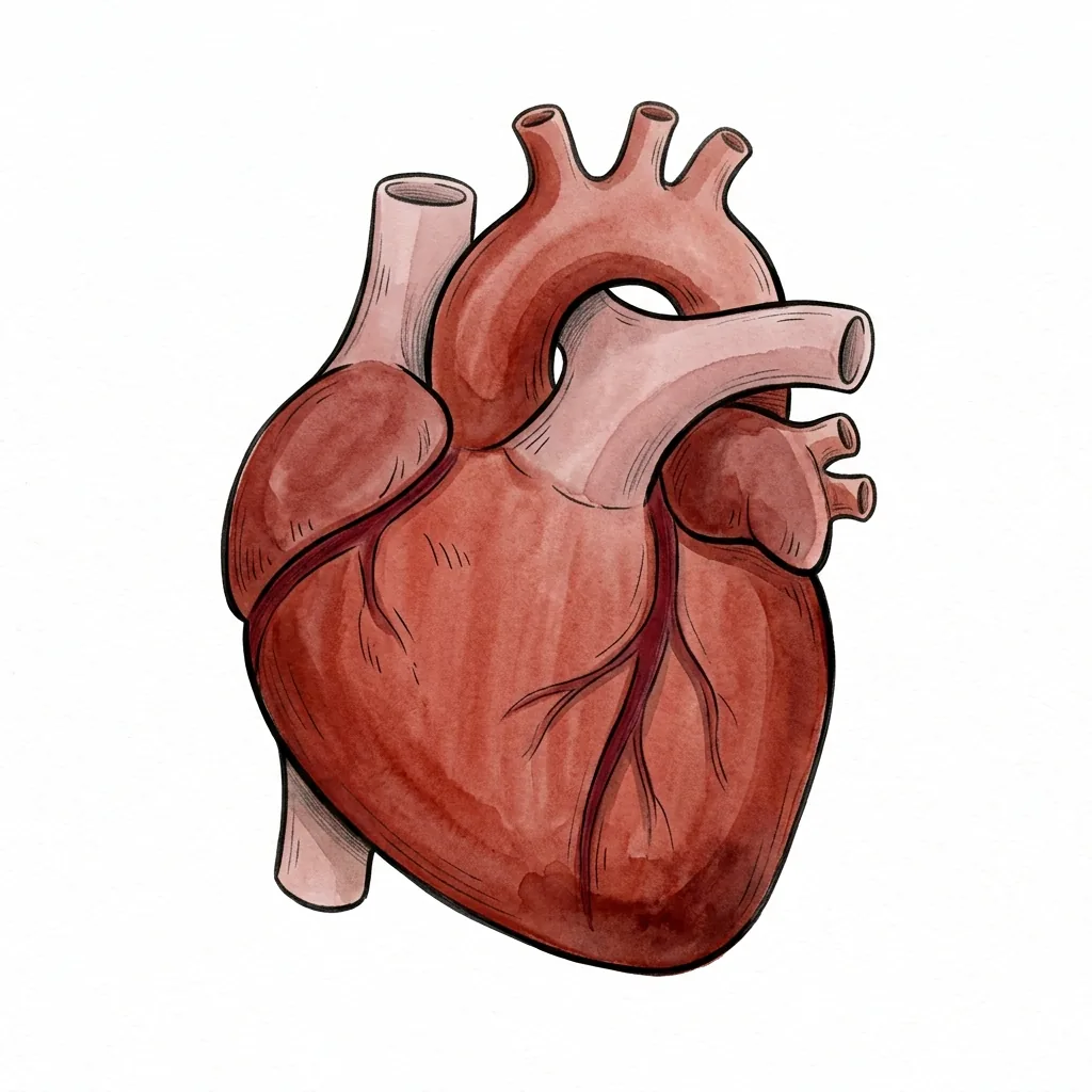Kresba lidského srdce v anatomickém tvaru s tepnami.