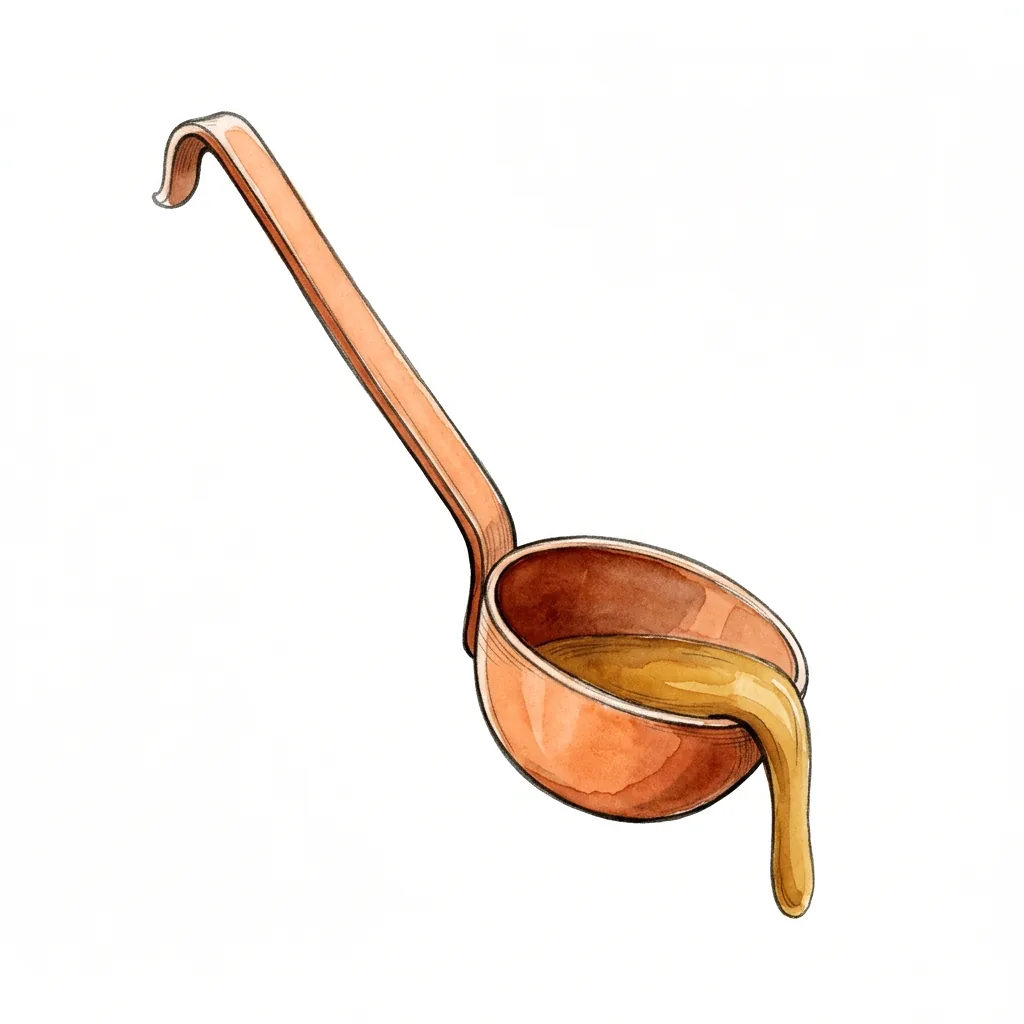 Měděná naběračka s dlouhou rukojetí, z misky kape polévka.