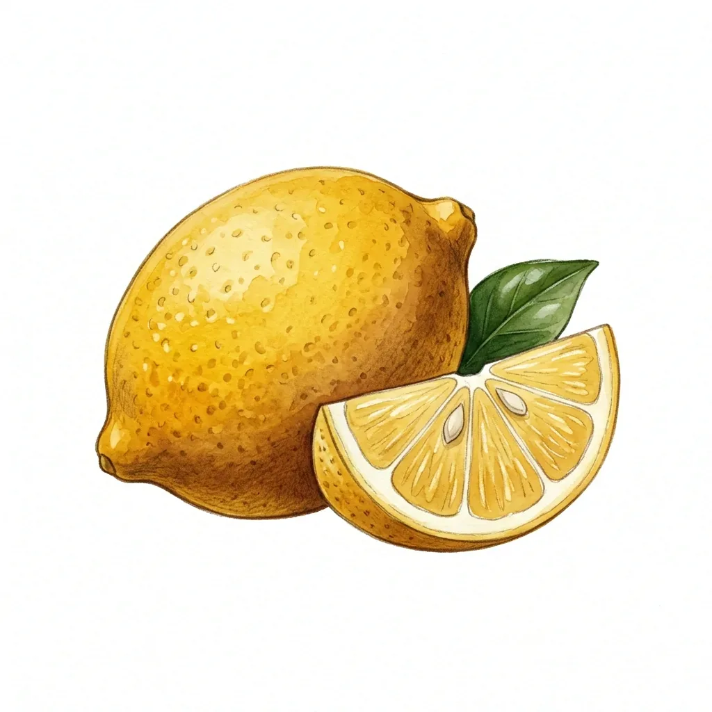 Celý žlutý citron s dolíčkovanou kůrou, vedle podélný klínek s dužinou a dvěma pecičkami a jeden tmavě zelený list.