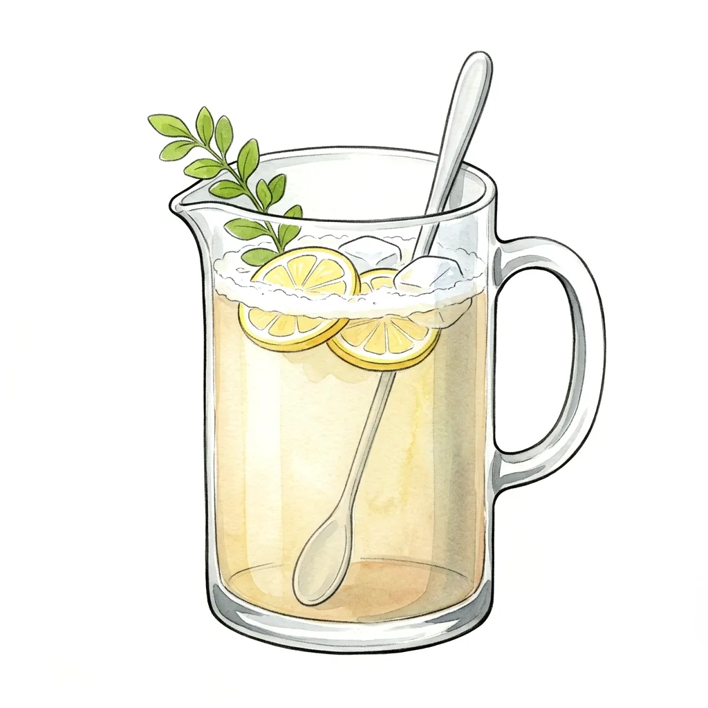Skleněný džbán s nápojem, plátky citronu, mátou a lžící.