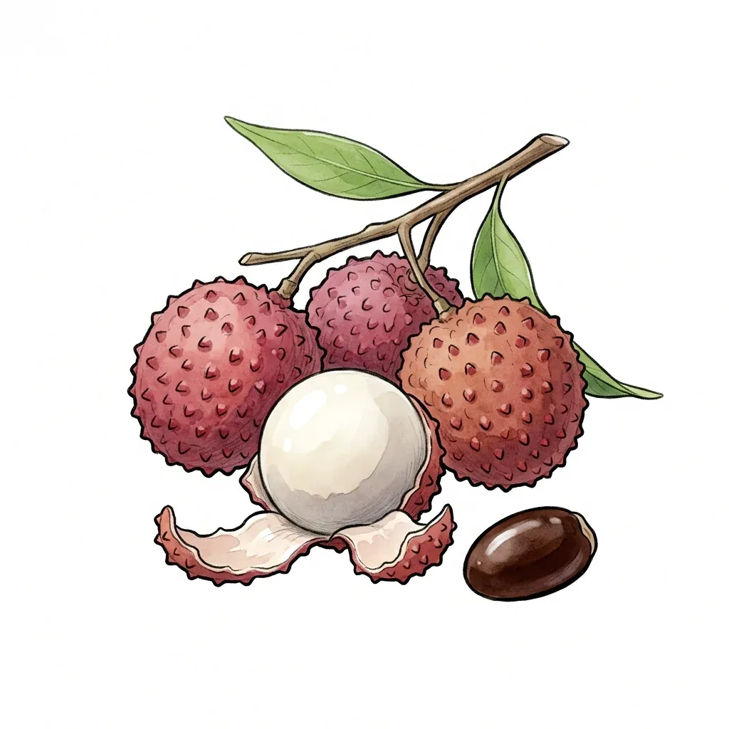 Ilustrace tří liči na větvičce, jednoho oloupaného s bílou dužinou a hladkou hnědou peckou vedle.