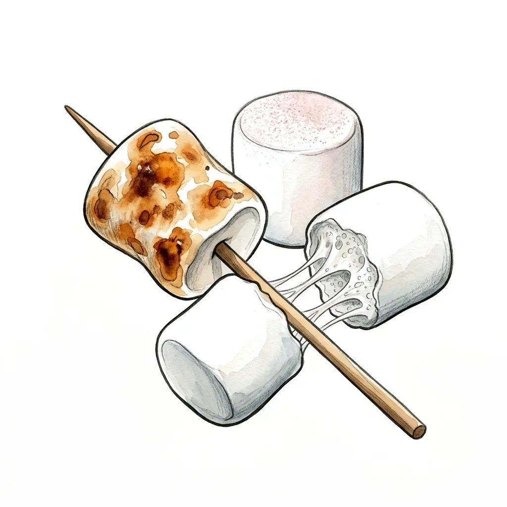 Bílé měkké marshmallow na dřevěné špejli, jedno opečené do hněda, další natažené a rozpůlené.