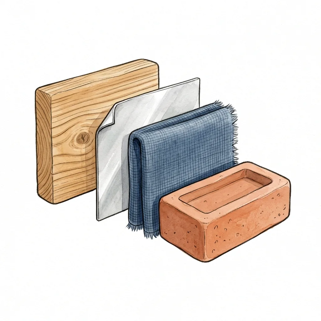 Ilustrace čtyř ukázek materiálu — dřevěné prkno, kovový plech, složená látka a cihla.