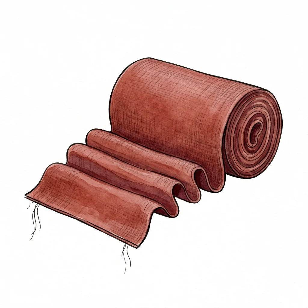 Ilustrace srolované tkaniny, ze které visí rozvinutý cíp s třásněmi.