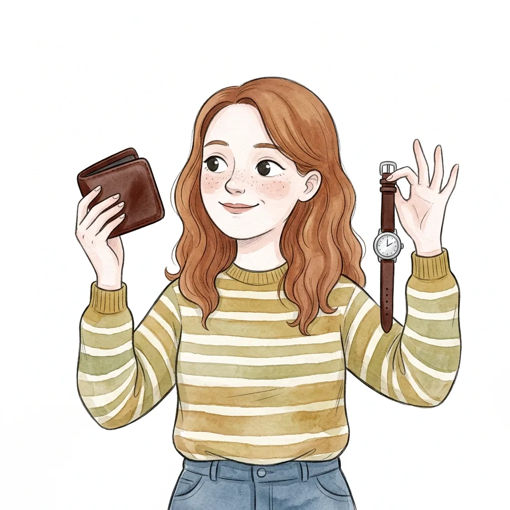 Ilustrace dívky, která v jedné ruce drží peněženku a v druhé hodinky a spokojeně se usmívá.